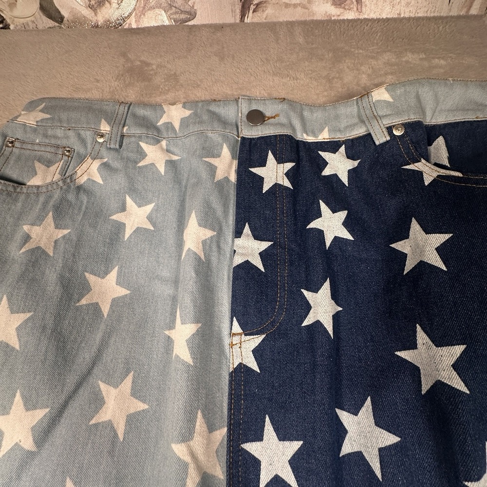 ODDI Star Print Colorblock Denim Midi Skirt Women's Plus Size 3X USA Slit - Picture 4 of 7